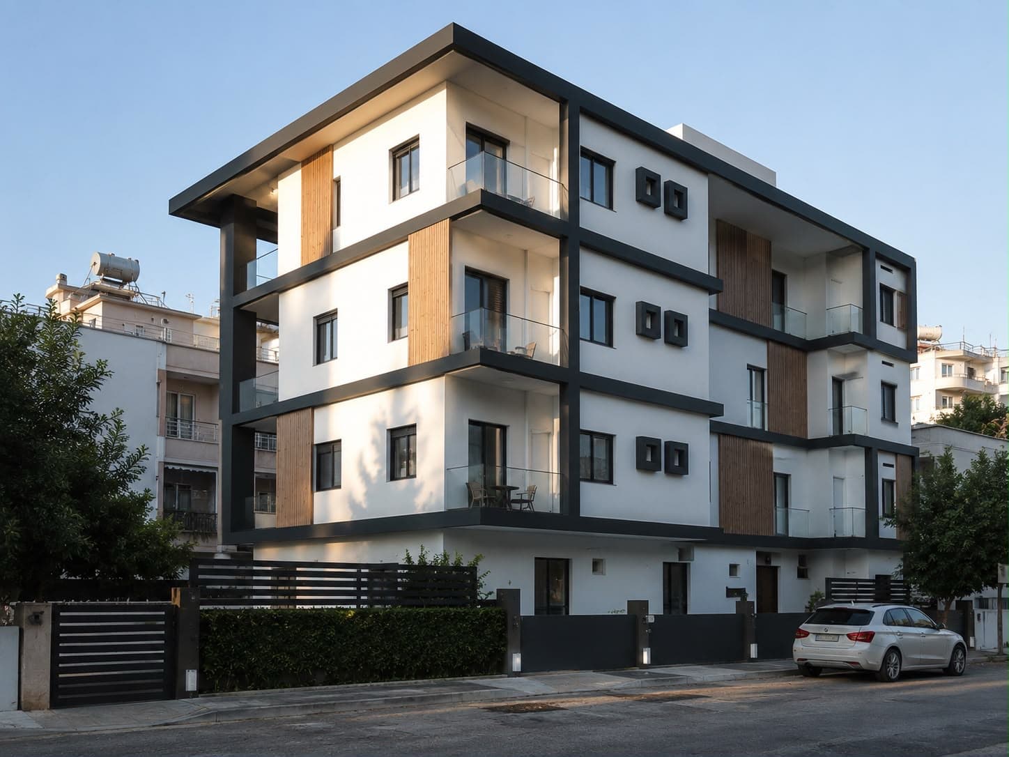 Antalya · Ahşap lamelli ve antrasit çerçeveli köşe görünümü