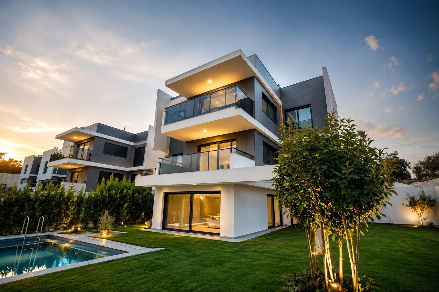 Kuşadası La Oliva Garden projesinde alacakaranlıkta özel havuzlu ve aydınlatılmış bahçeli modern villa